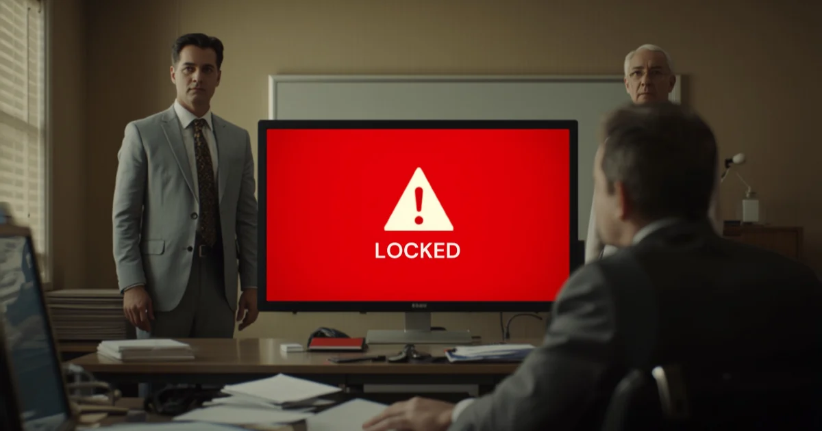 A red breach alert locking a workstation while the firm’s principals look on