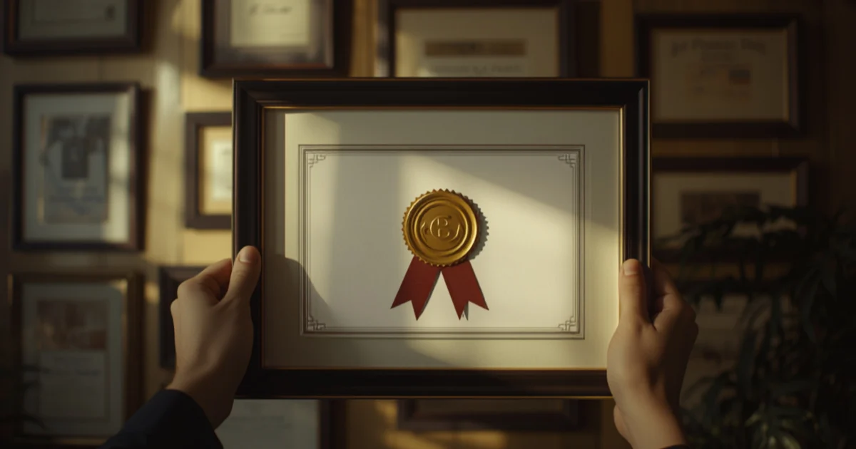 Hands holding a framed certificate with a gold seal