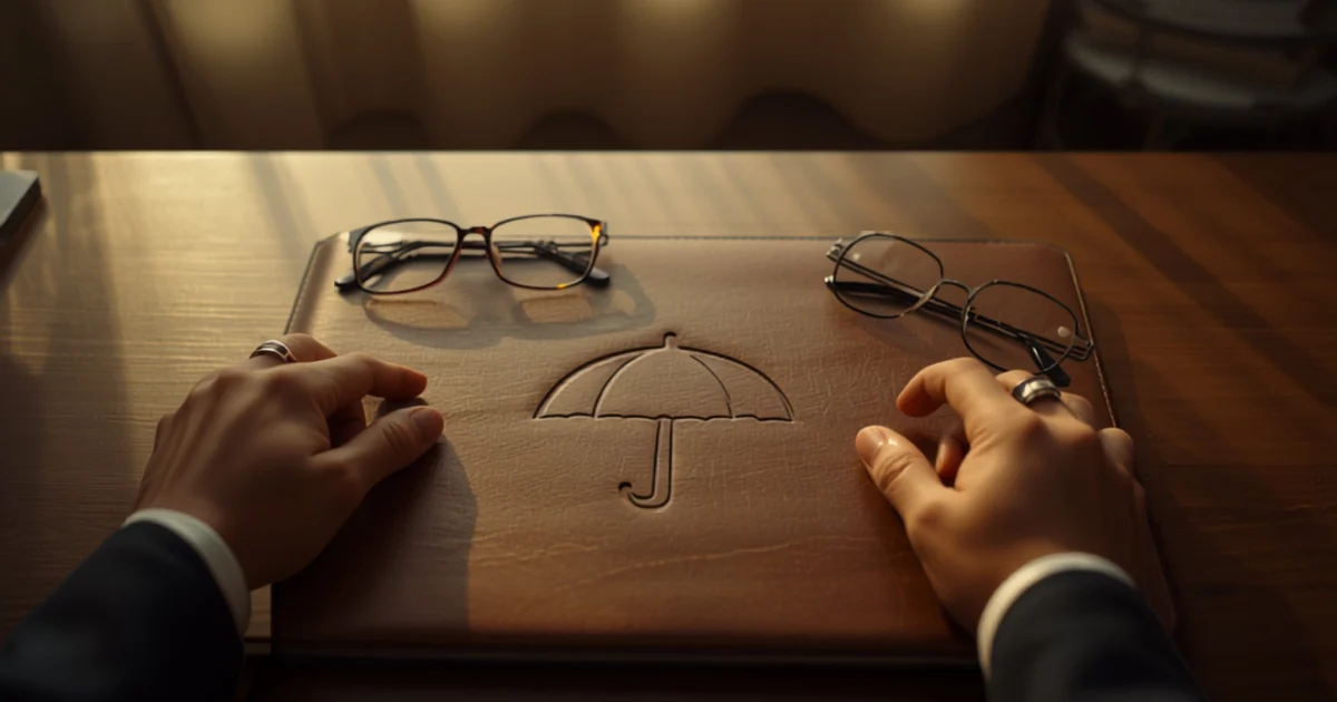Hands resting on an insurance policy folder embossed with an umbrella
