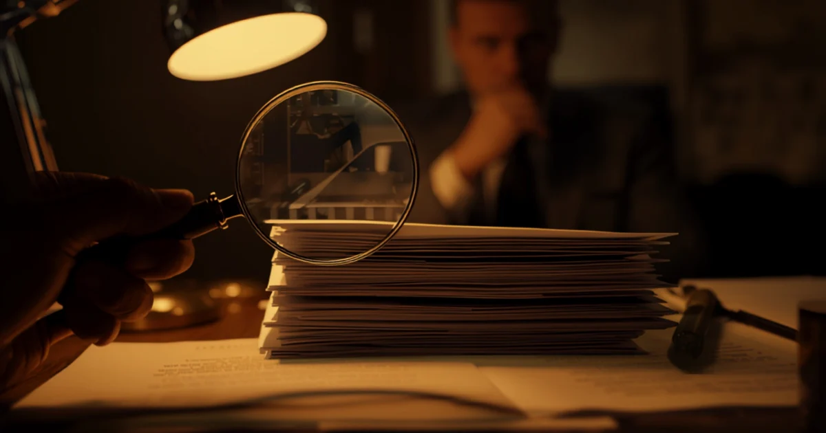 A magnifying glass held over a stack of requested documents