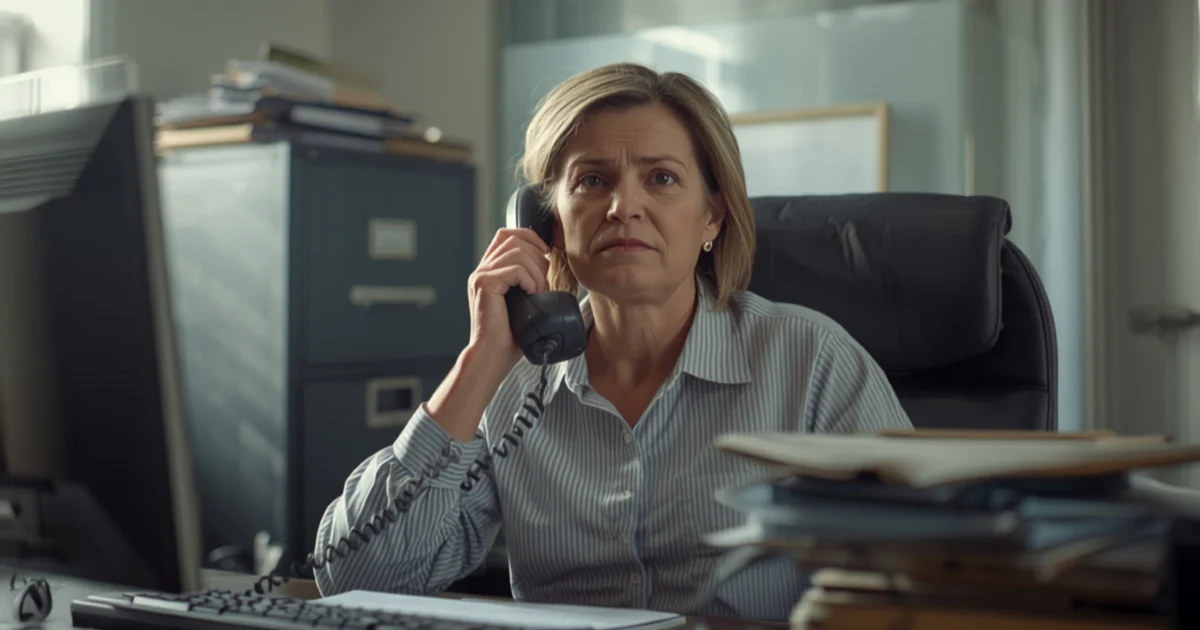 An administrator waiting on hold with an IT help desk, client work piling up