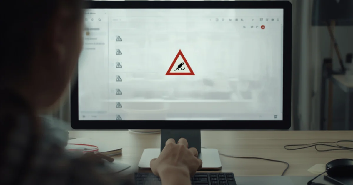 An email flagged with a red warning triangle on an office monitor