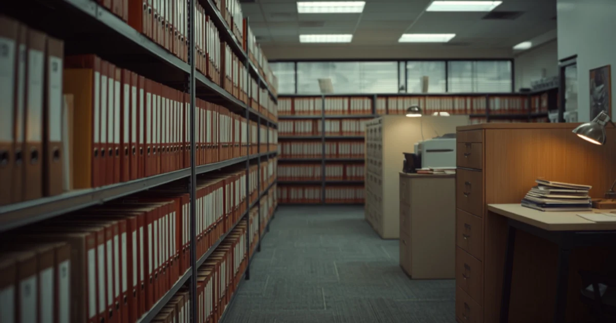Rows of labelled participant record binders in a firm file room