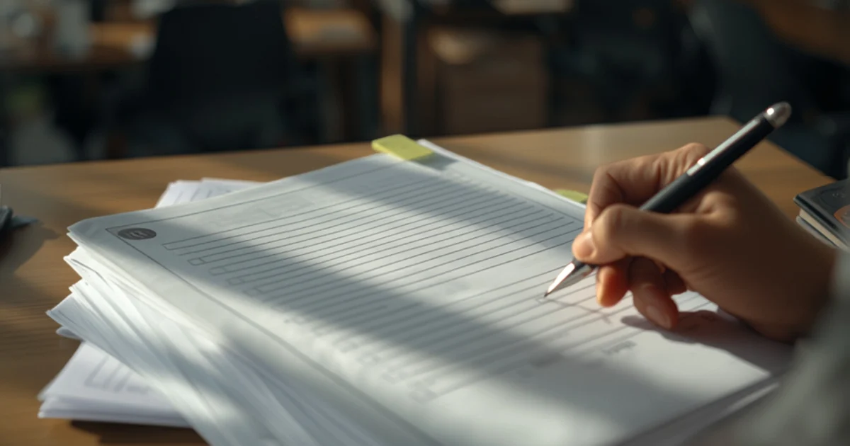 A pen completing a thick multi-page security questionnaire