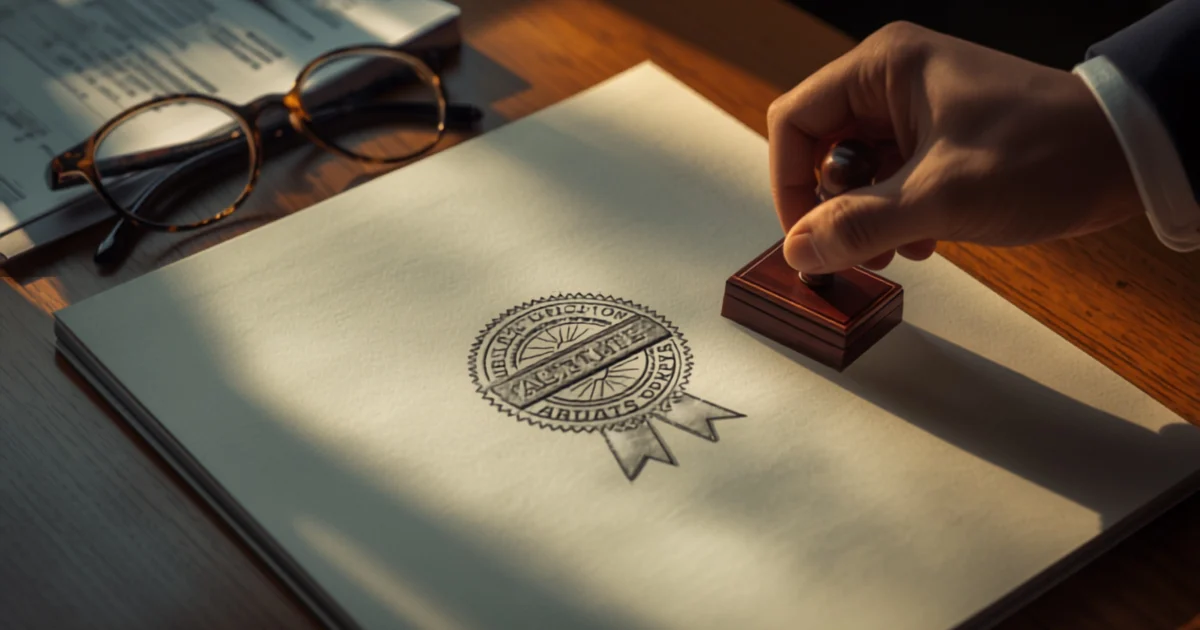 An auditor stamping a report bearing an embossed certification seal