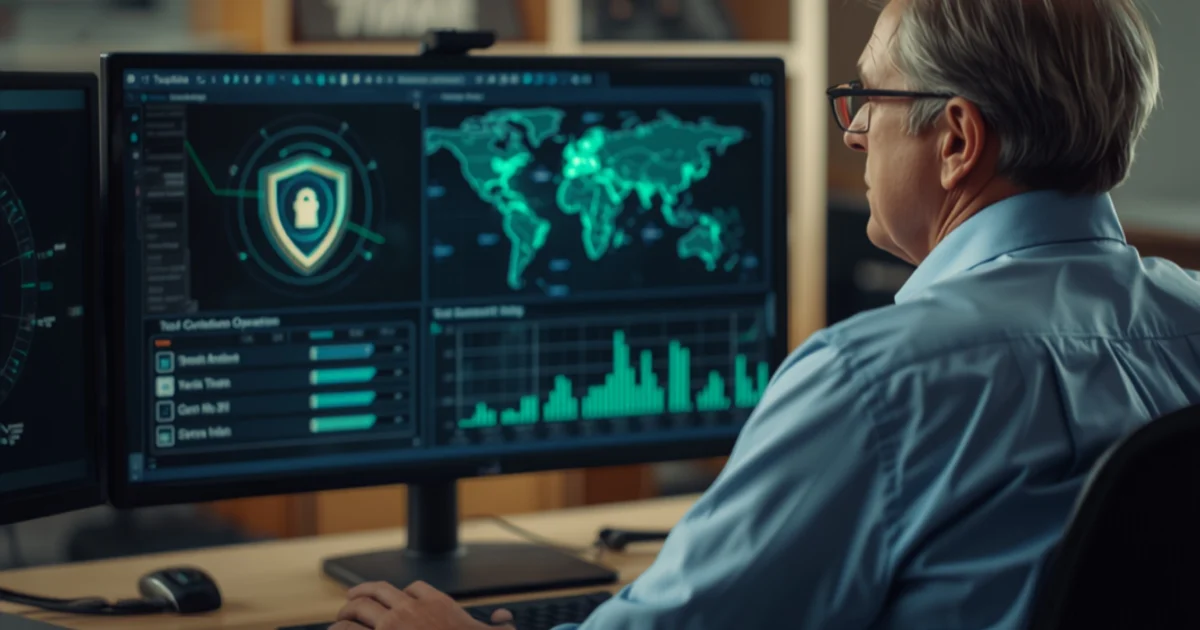 A security analyst monitoring a threat dashboard at his desk