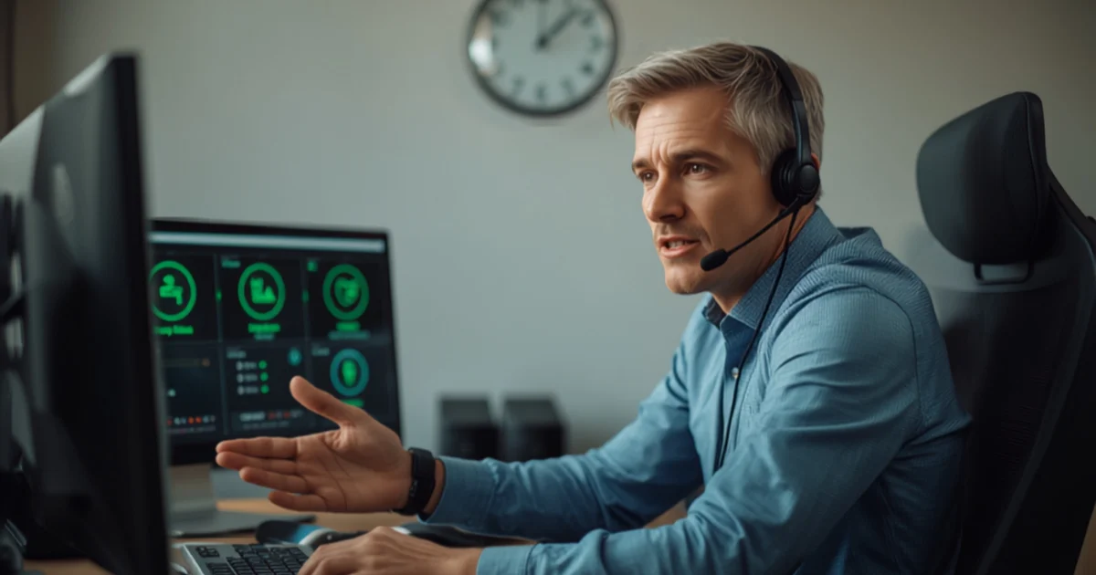 A help desk technician on a headset monitoring green system status dashboards beneath a wall clock