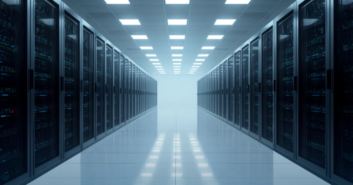 A bright aisle of server racks in an enterprise data centre